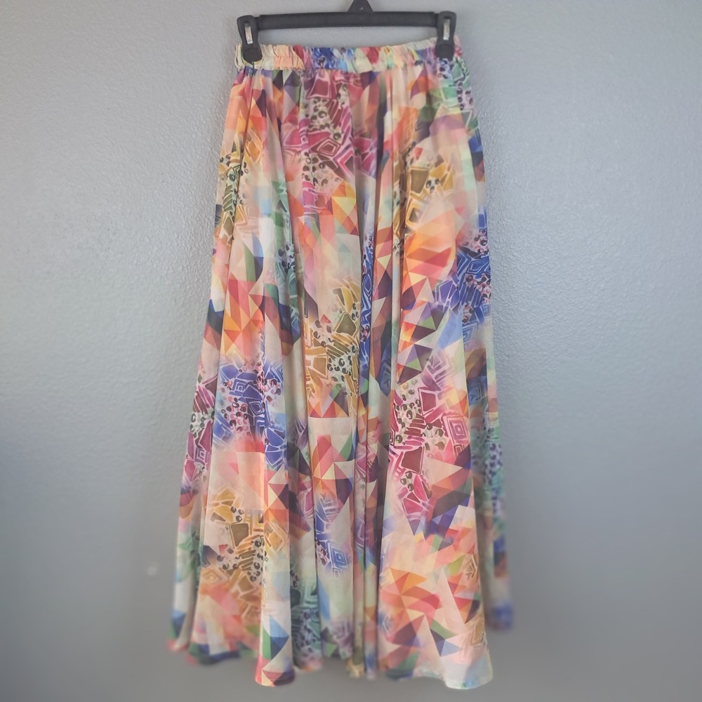 Multicolor Geometric Abstract Print Maxi Skirt Elastic Waist Lined Boho Chiffon